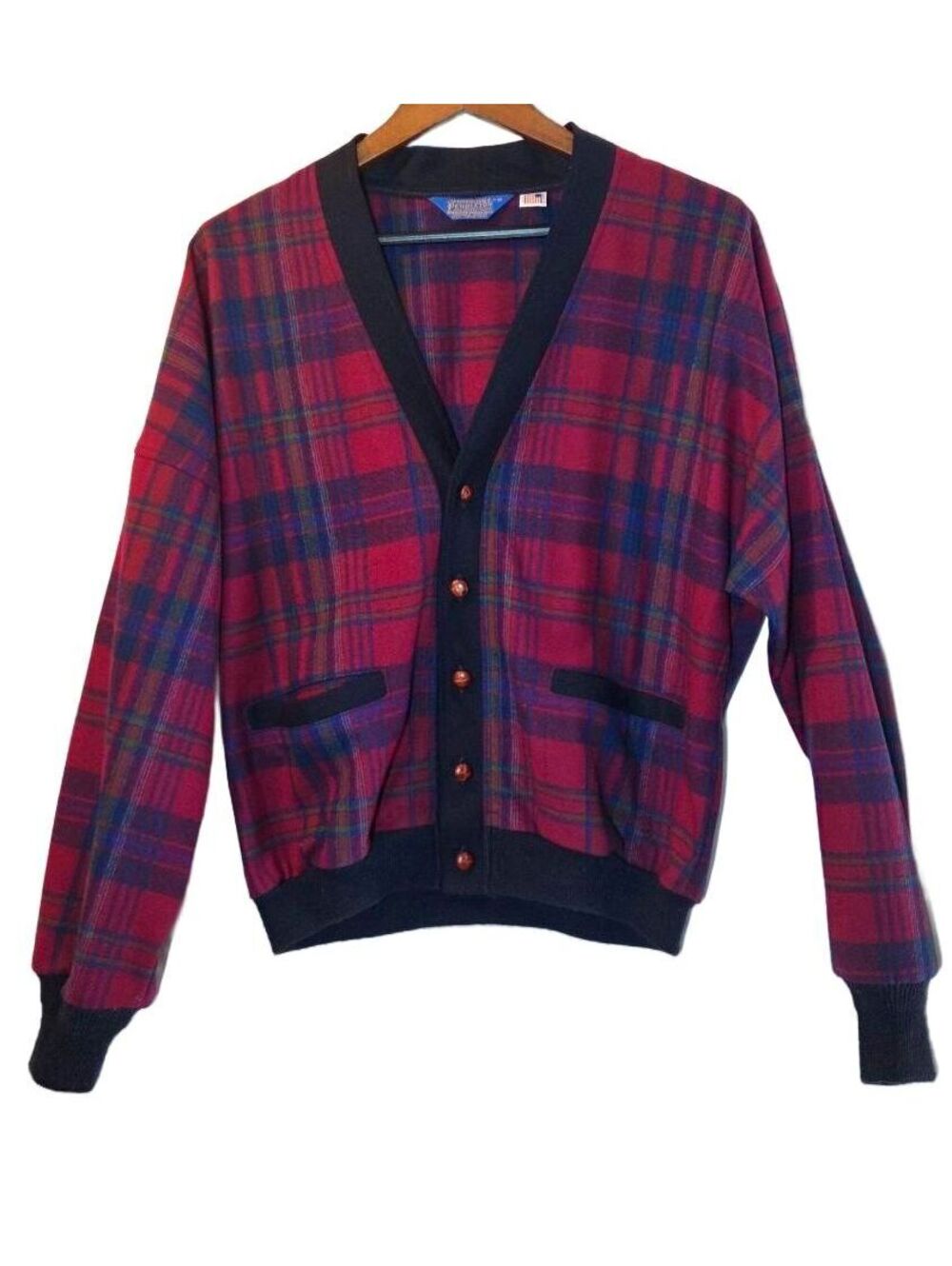 Vintage Pendleton 100% Virgin Wool Plaid Cardigan Sweater M Red Tartan Grandpa